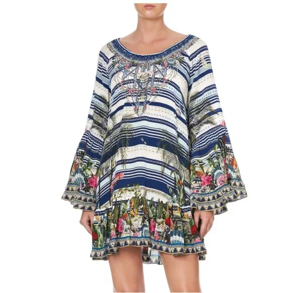 Camilla A-Line Frill Mini Dress Womens XS Blue Silk Floral Stripe Long Sleeve - Picture 1 of 14